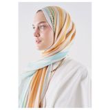 Freshscarfs Summer Blocks Desen Rami Viskon Şal Turuncu-Mavi