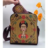 Frida Figürlü Büyük Postacı Kol Çantası Etnik Bohem Style Çanta Bordo Cüzdan Bordo Kombin