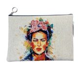 Frida K a h l o Nakışlı Clutch Çanta, Çiçek Taçlı Renkli Portre Desenli Portföy, 25x18x2 cm