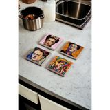 Frida Kahlo Art Temalı Doğal Taş Traverten Bardak Altlığı 4 Lü Set