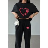 Frisson Kadın kelebekli Kalp Baskılı T-shirt - Jogger Tişört Bisiklet Yaka Alt Üst Eşofman Takımı