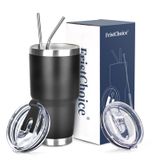 FristChoice 30oz Kapaklı ve Pipetli Bardak Çift Duvar Yalıtımlı Bardak Bardağı, Paslanmaz Çelik Sızdırmaz Termal Kahve Bardağı Soğuk ve Sıcak İçecekler için Toz Boya Seyahat Kupası, Siyah
