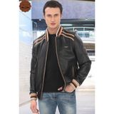 FRM Bomber Ceket Şerit Detaylı Şık Siyah Varsity Derimont El Yapımı Rahat Ceket - 3XL