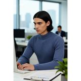 FRM Erkek Fitted Dik Yaka Uzun Kol Triko Kazak Günlük Şıklık ve Konfor Için Ideal Seçim Kaliteli - Indigo - XL