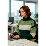 FRM Kadın Balıkçı Yaka Uzun Kollu Renk Bloklu Super Crop Basic Fitilli Triko Kazak Günlük Şıklığınız - Koyu Yeşil