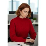 FRM Kadın Basic Oversize Saç Örgü Dik Yaka Crop Triko Kazak Soğuk Havalar Için Modern Stil Kaliteli - Kırmızı