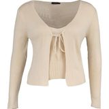 FRM Kadın Büyük Beden Moda Şık Crop V Yaka Uzun Kol Düz Bağlama Detaylı Ince Triko Hırka&atlet Takım - Bej - 4XL