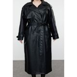 Frm Kadın Büyük Beden Moda Şık Oversize Ceket Yaka Uzun Düz Astarlı Fit Maxi Boy Suni Deri Trençkot, Siyah, 50