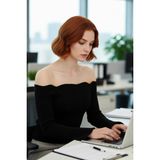 FRM Kadın Carmen Yaka Uzun Kollu Fitted Akrilik Triko Üst Gündüz Gece Basic Fitilli Dokuma Kombin - Siyah
