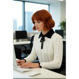 FRM Kadın Ekru Ince Triko Kazak Ajurlu Desenli Polo Yaka Kurdele Fiyonklu Basic Crop Modeli Kaliteli