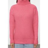 FRM Kadın Moda Şık Balıkçı Yaka Standart Kol Regular Geniş Kalıp Yumuşak Dokulu Basic Triko Kazak - Fuşya
