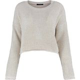 FRM Kadın Moda Şık Bisiklet Yaka Düşük Kol Crop Geniş Kalıp Triko Kazak - Taş