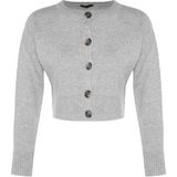 FRM Kadın Moda Şık Bisiklet Yaka Düşük Kol Crop Yumuşak Dokulu Düğmeli Triko Hırka - Gri