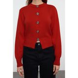 FRM Kadın Moda Şık Bisiklet Yaka Standart Kol Crop Özel Iplik Gül Düğme Ceket Görünümlü Triko Hırka - Kırmızı