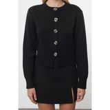 FRM Kadın Moda Şık Bisiklet Yaka Standart Kol Crop Özel Iplik Gül Düğme Ceket Görünümlü Triko Hırka - Siyah