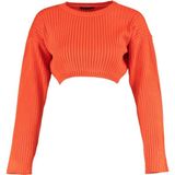 FRM Kadın Moda Şık Bisiklet Yaka Standart Kol Crop Süper Triko Kazak - Turuncu
