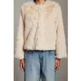 Frm Kadın Moda Şık Bol Bisiklet Yaka Standart Düz Astarlı Oversize Kürk Mont, Ekru, Xl