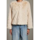 FRM Kadın Moda Şık Bol Bisiklet Yaka Standart Düz Astarlı Oversize Kürk Mont - Ekru