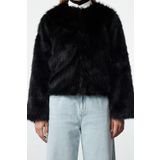Frm Kadın Moda Şık Bol Bisiklet Yaka Standart Düz Astarlı Oversize Kürk Mont, Siyah, Xs