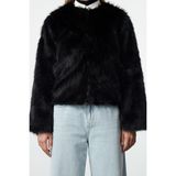 FRM Kadın Moda Şık Bol Bisiklet Yaka Standart Düz Astarlı Oversize Kürk Mont - Siyah