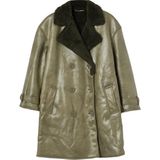 FRM Kadın Moda Şık Bol Ceket Yaka Uzun Düz Astarlı Yakası Kürk Detaylı Oversize Uzun Kaban - Haki - 36