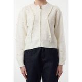 FRM Kadın Moda Şık Bomber Yaka Standart Kol Regular Yumuşak Fermuarlı Taşlı Mont Görünümlü Triko Hırka - Ekru