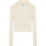 FRM Kadın Moda Şık Dik Yaka Standart Kol Crop Triko Kazak - S - M - Taş