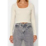 Frm Kadın Moda Şık Kare Yaka Standart Kol Crop Triko Kazak, Taş, S/M