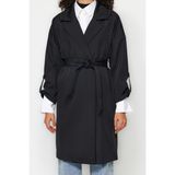 Frm Kadın Moda Şık Oversize Ceket Yaka Midi Düz Astarlı Oversize Kuşaklı Su İtici Uzun Trençkot, Siyah, 40