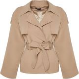 Frm Kadın Moda Şık Oversize Ceket Yaka Standart Düz Astarlı Oversize Geniş Kesim Kemerli Trençkot, Bej, 40