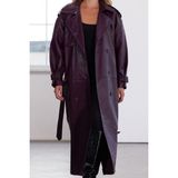 FRM Kadın Moda Şık Oversize Ceket Yaka Uzun Düz Astarlı Kemerli Oversize Suni Deri Trençkot - Bordo - 32