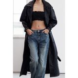 FRM Kadın Moda Şık Oversize Ceket Yaka Uzun Düz Astarlı Kemerli Oversize Suni Deri Trençkot - Siyah - 32