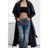 Frm Kadın Moda Şık Oversize Ceket Yaka Uzun Düz Astarlı Kemerli Oversize Suni Deri Trençkot, Siyah, 38