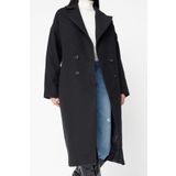 Frm Kadın Moda Şık Oversize Ceket Yaka Uzun Düz Astarlı Oversize Geniş Kesim Uzun Yünlü Kaşe Kaban, Siyah, 34