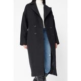 FRM Kadın Moda Şık Oversize Ceket Yaka Uzun Düz Astarlı Oversize Geniş Kesim Uzun Yünlü Kaşe Kaban - Siyah - 42