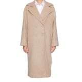 Frm Kadın Moda Şık Oversize Ceket Yaka Uzun Düz Astarlı Oversize Geniş Kesim Uzun Yünlü Kaşe Kaban, Taş, 34