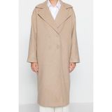 FRM Kadın Moda Şık Oversize Ceket Yaka Uzun Düz Astarlı Oversize Geniş Kesim Uzun Yünlü Kaşe Kaban - Taş - 36