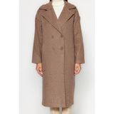 FRM Kadın Moda Şık Oversize Ceket Yaka Uzun Düz Astarlı Oversize Geniş Kesim Uzun Yünlü Kaşe Kaban - Vizon - 42