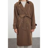 Frm Kadın Moda Şık Oversize Ceket Yaka Uzun Düz Astarlı Oversize Kuşaklı Trençkot, Kahverengi, 32