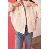 FRM Kadın Moda Şık Oversize Dik Yaka Standart Düz Astarlı Oversize Fermuarlı Peluş Mont - Taş