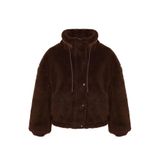 Frm Kadın Moda Şık Oversize Dik Yaka Standart Düz Astarlı Oversize Peluş Mont, Kahverengi, 2Xs