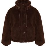 FRM Kadın Moda Şık Oversize Dik Yaka Standart Düz Astarlı Oversize Peluş Mont - Kahverengi