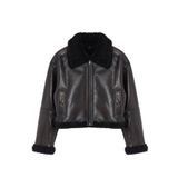 Frm Kadın Moda Şık Oversize Gömlek Yaka Standart Düz Astarsız Peluş Detaylı Biker Ceket Mont, Kahverengi, Xs