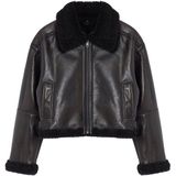 FRM Kadın Moda Şık Oversize Gömlek Yaka Standart Düz Astarsız Peluş Detaylı Biker Ceket Mont - Kahverengi