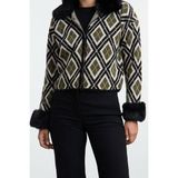 FRM Kadın Moda Şık Polo Yaka Standart Kol Regular Çıkartılabilir Suni Kürklü Simli Triko Hırka - XS - Siyah