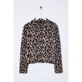 FRM Kadın Moda Şık Polo Yaka Standart Kol Regular Leopar Desenli Triko Hırka - Kahverengi