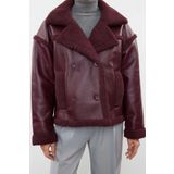Frm Kadın Moda Şık Regular Ceket Yaka Standart Düz Astarlı Peluş Detaylı Suni Deri Biker Ceket Mont, Bordo, 2Xs