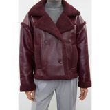 FRM Kadın Moda Şık Regular Ceket Yaka Standart Düz Astarlı Peluş Detaylı Suni Deri Biker Ceket Mont - Bordo