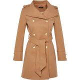 Frm Kadın Moda Şık Regular Dik Yaka Midi Düz Astarlı Kuşaklı Düğmeli Yumuşak Dokulu Kaşe Kaban, Camel, 42