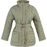 FRM Kadın Moda Şık Regular Dik Yaka Midi Düz Astarlı Oversize Kemerli Su Itici Kapitone Mont - Yeşil